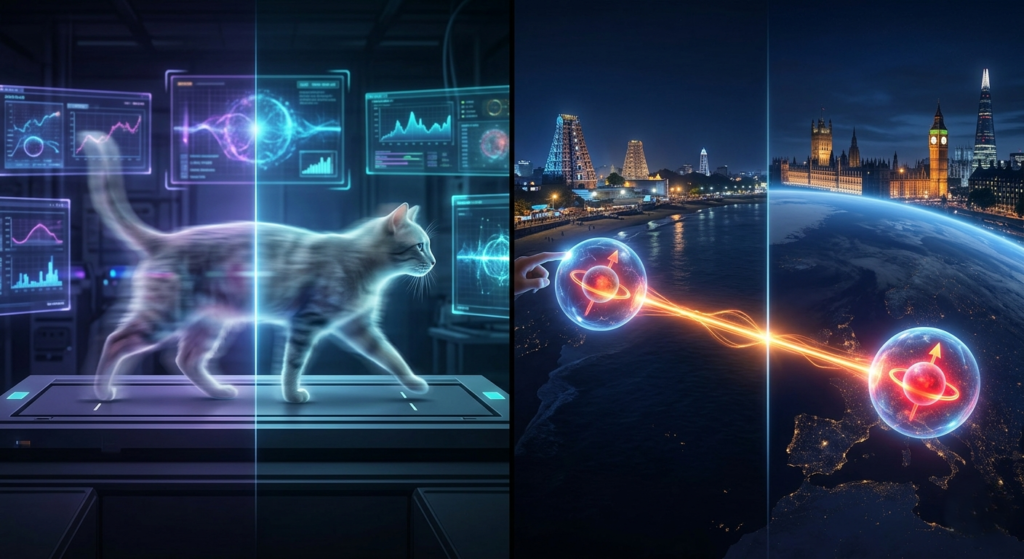 Side-by-side conceptual art illustrating superposition (an object in two states) and entanglement (instant connection between distant particles).