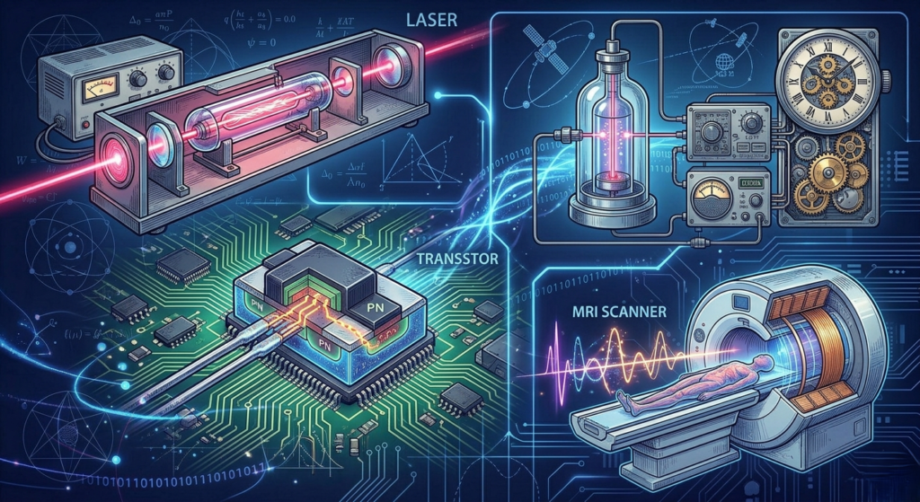 A collage of 20th-century technologies powered by quantum physics: a laser beam, a silicon transistor, an atomic clock (GPS), and an MRI scanner.