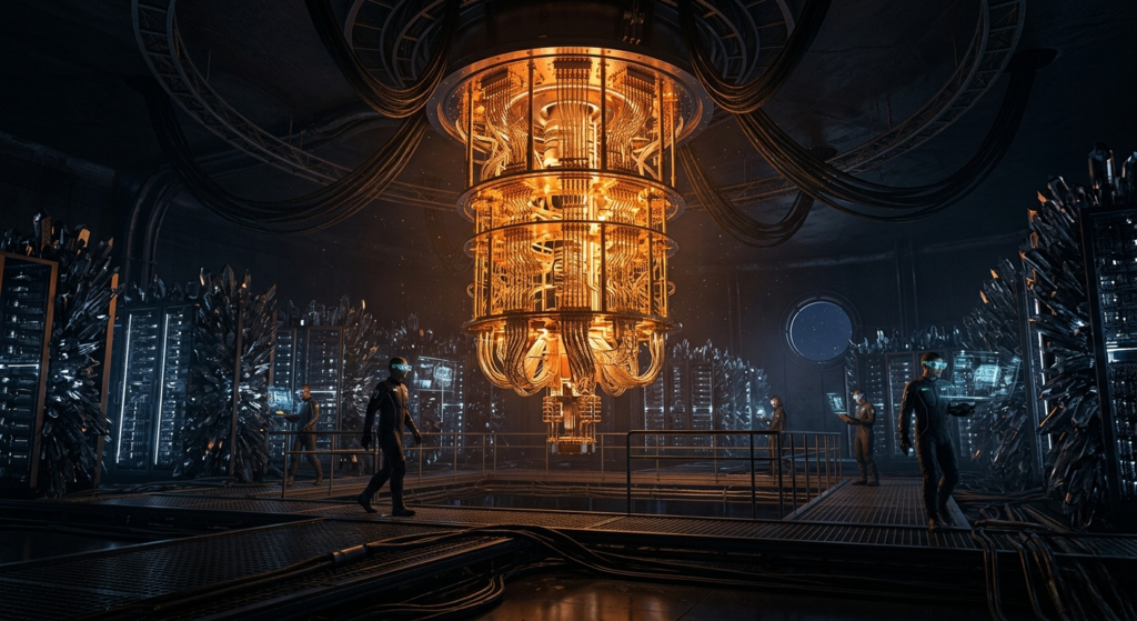 A photorealistic, wide shot of a massive quantum computer in a futuristic data center, glowing with light and intricate superconducting cables.