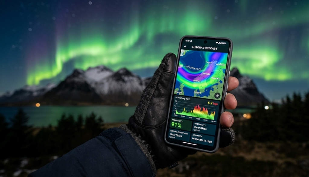 A person holding a smartphone showing an Aurora forecast app with Northern Lights in the background.