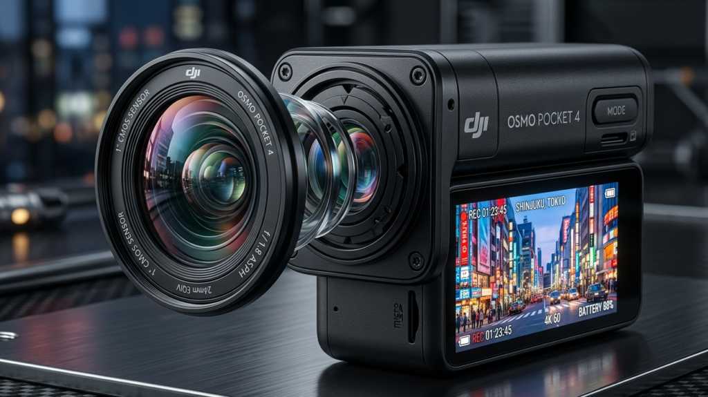 Macro detail of DJI Osmo Pocket 4 lens and bright OLED screen showing city footage.