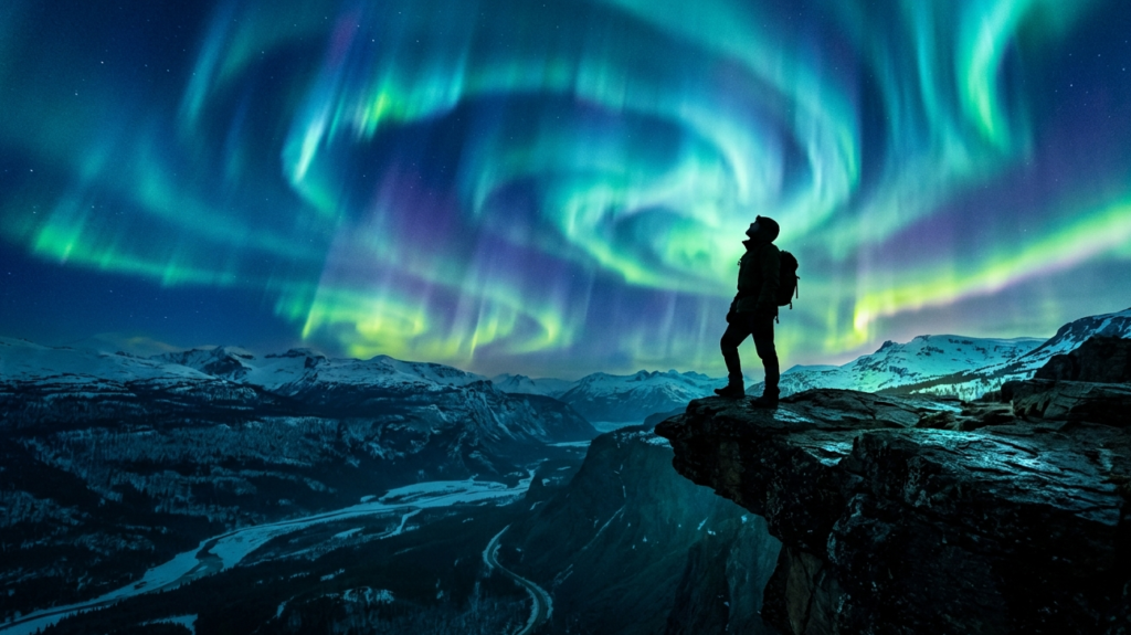 Silhouette of a person standing under a massive green and purple Aurora Borealis night sky.
