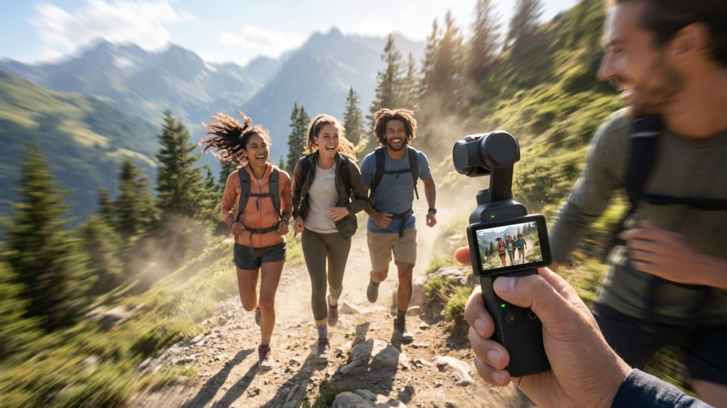 Vlogger using DJI Osmo Pocket 4 ActiveTrack 7.0 on a dynamic mountain trail with friends.
