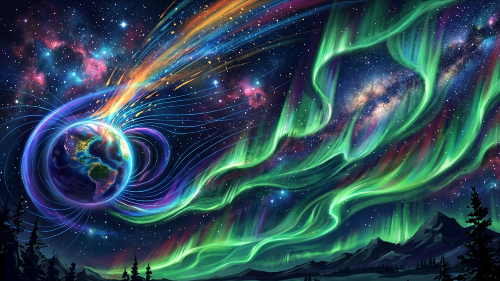 Abstract digital art of solar winds hitting Earth's magnetic field creating the Aurora Borealis glow.