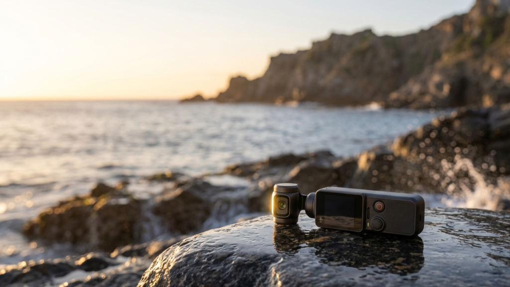 DJI Osmo Pocket 4 compact camera on a rugged coast at sunrise, professional product shot.