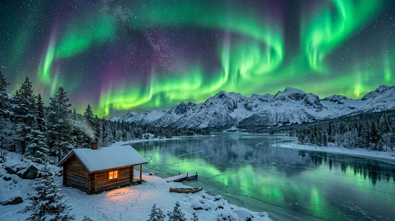 Cinematic landscape of vibrant Aurora Borealis dancing over snow-capped mountains and a frozen lake.