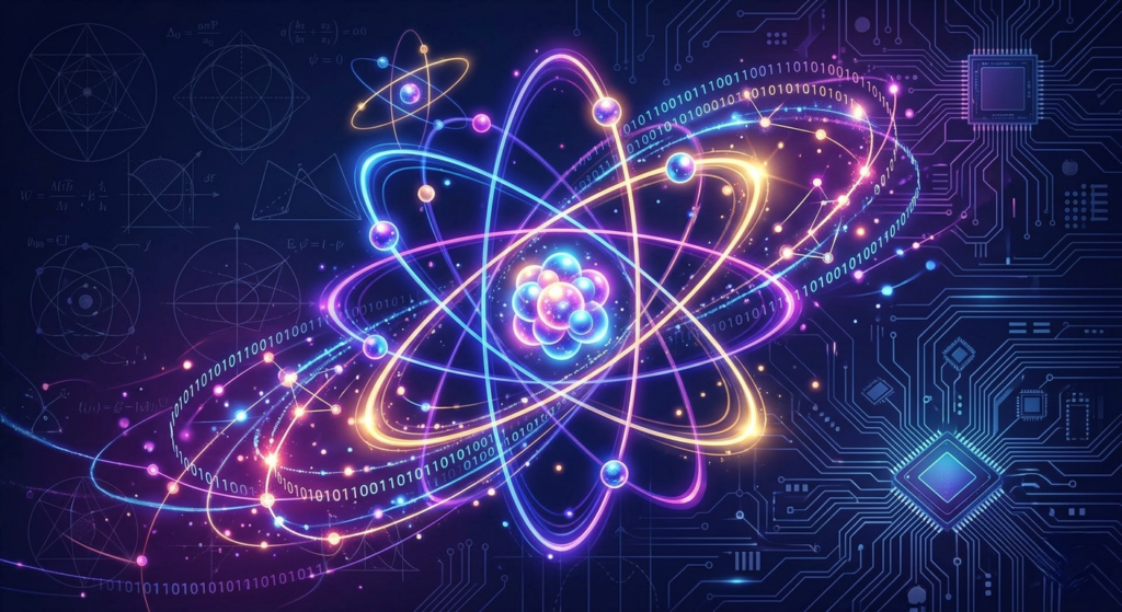 A futuristic and inspirational illustration of an atom with glowing rings, representing quantum physics and World Quantum Day.