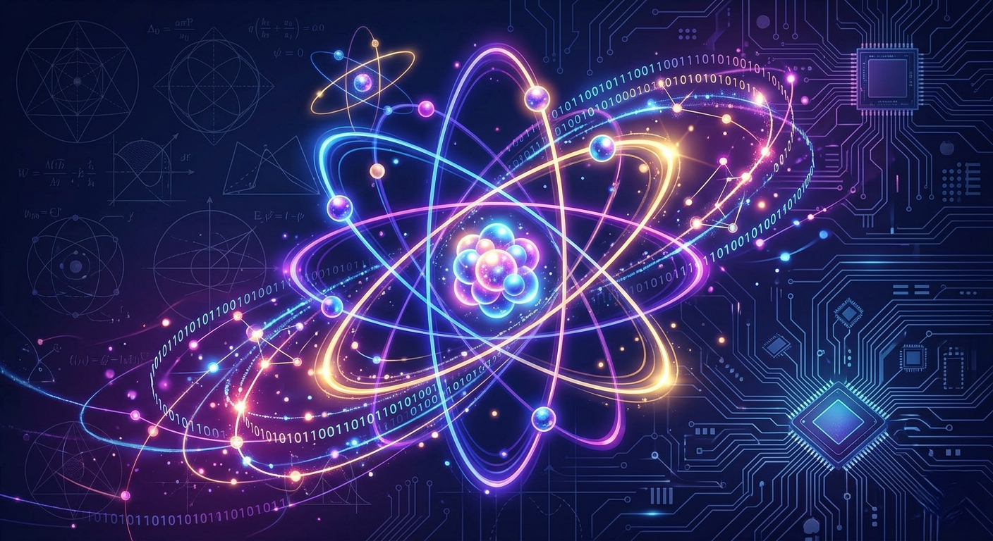 A futuristic and inspirational illustration of an atom with glowing rings, representing quantum physics and World Quantum Day.