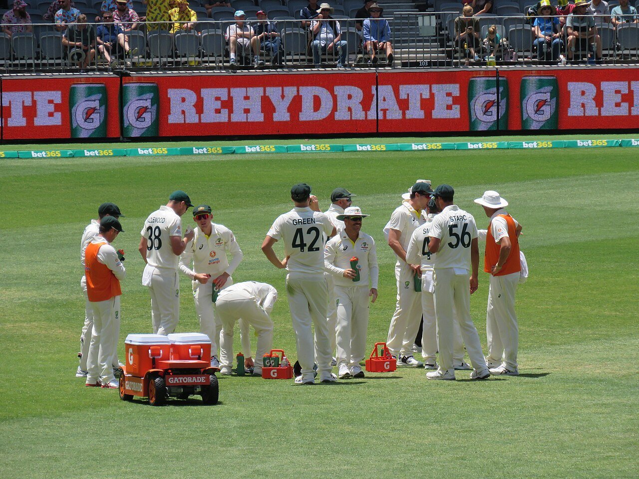 Australian cricket team at drinks break at Perth Stadium, First Test Australia versus West Indies, 2 December 2022 01.jpg